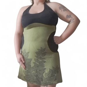 🇨🇦 Kollontaï Green Leaf Print Dress | XL | Black and Green Tank Dress Vintage